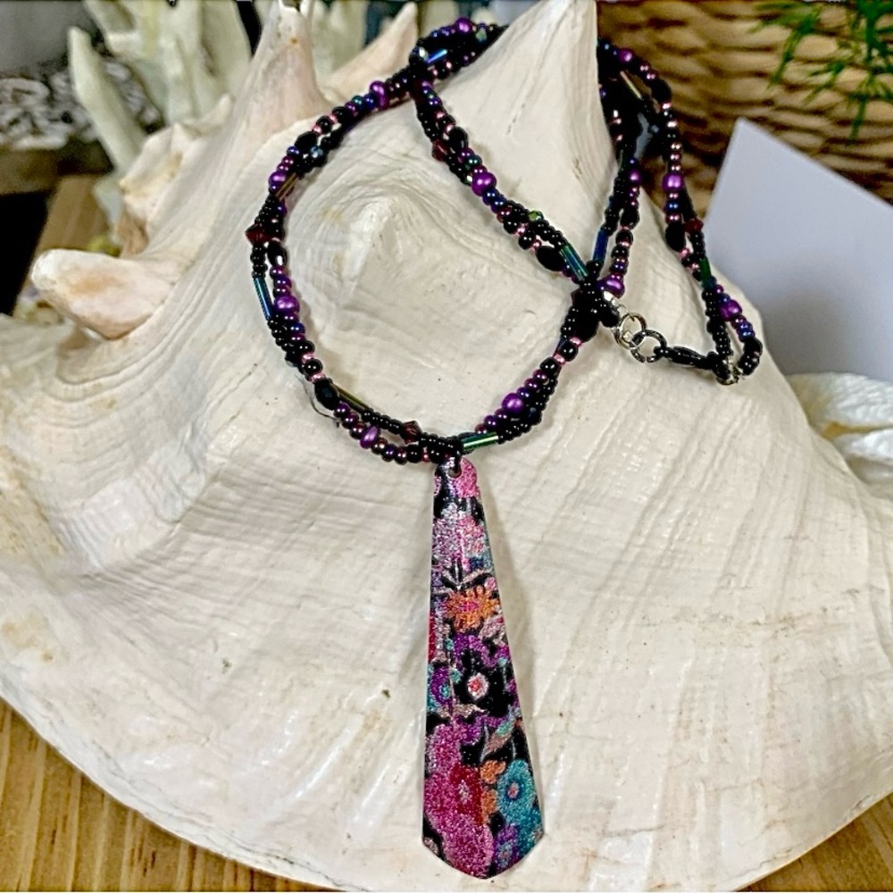 Purple & Black Floral Multi-strand Beaded Necklace - Picture 4 of 8